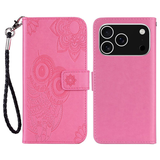 For iPhone 17 Pro Max Case Owl Flower Imprinted Leather Cover Wallet with Strap - Rose