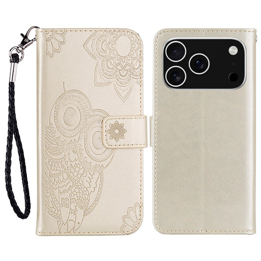 For iPhone 17 Pro Max Case Owl Flower Imprinted Leather Cover Wallet with Strap - Gold