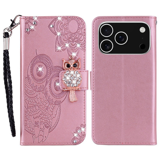 For iPhone 17 Pro Max Wallet Case Owl Flower Imprinted Rhinestone Leather Cover - Rose Gold
