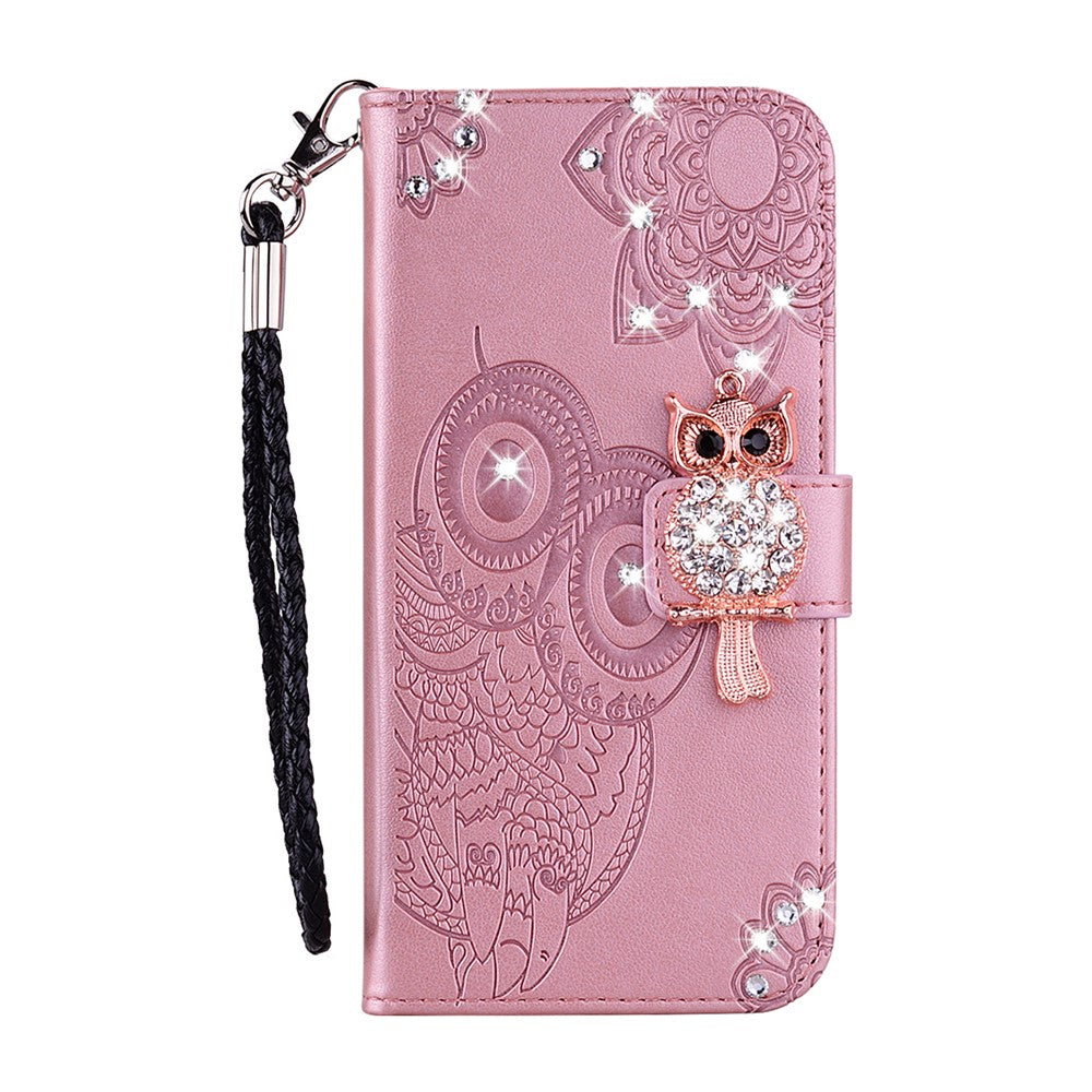 For iPhone 17 Pro Max Wallet Case Owl Flower Imprinted Rhinestone Leather Cover - Rose Gold