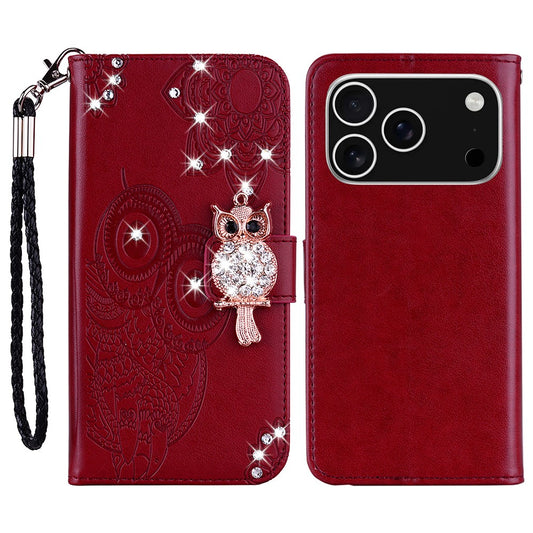 For iPhone 17 Pro Max Wallet Case Owl Flower Imprinted Rhinestone Leather Cover - Red