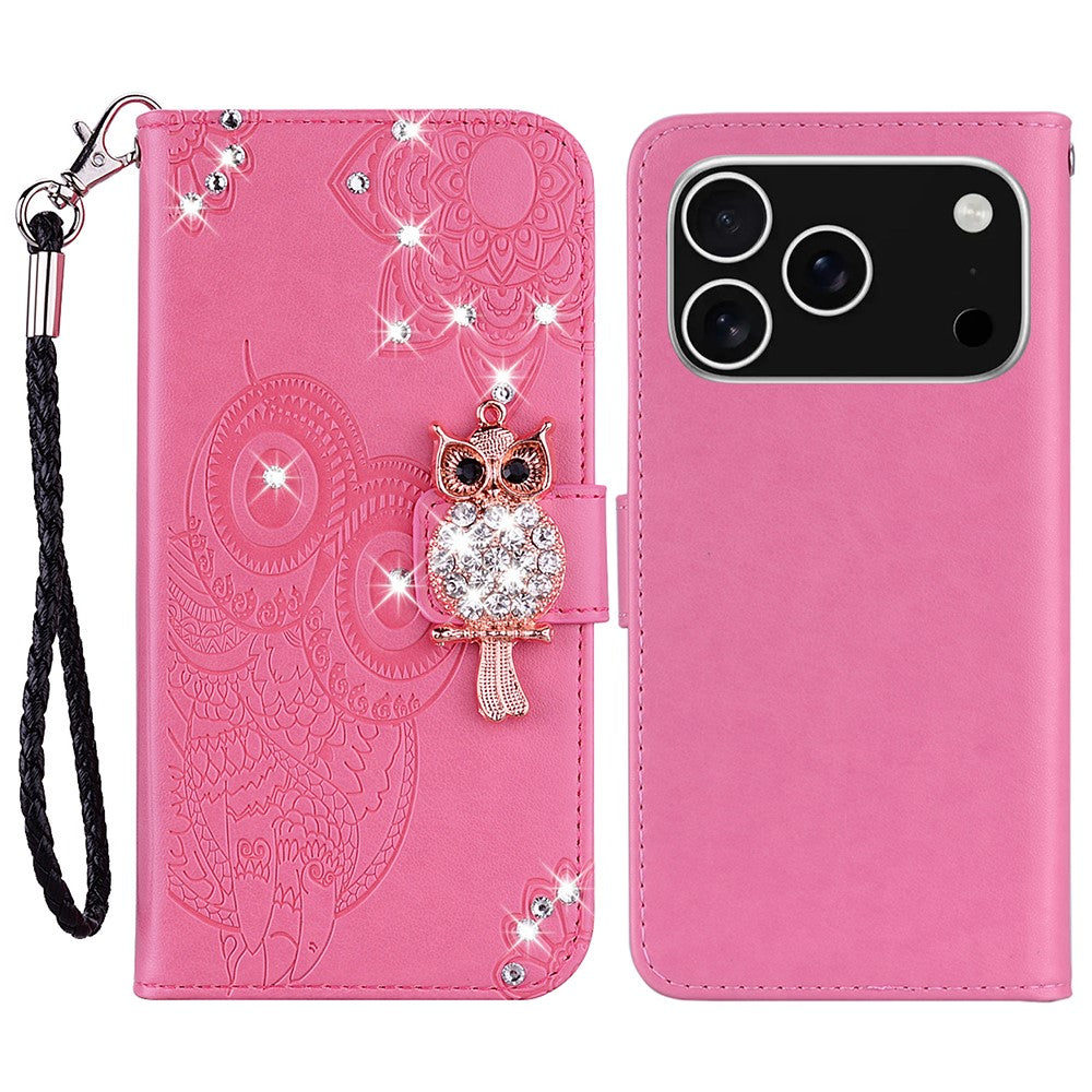 For iPhone 17 Pro Max Wallet Case Owl Flower Imprinted Rhinestone Leather Cover - Rose