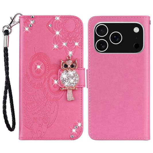 For iPhone 17 Pro Max Wallet Case Owl Flower Imprinted Rhinestone Leather Cover - Rose