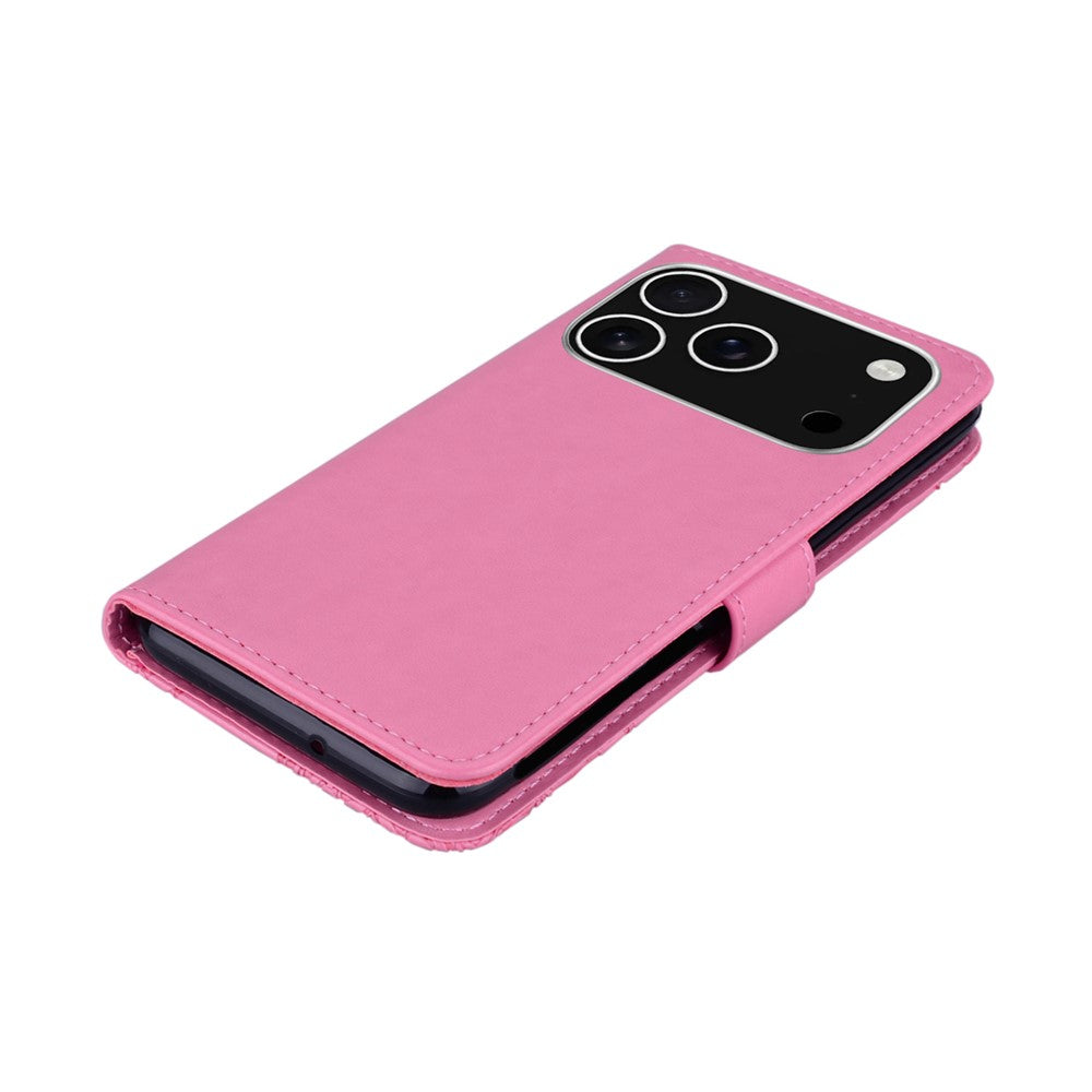 For iPhone 17 Pro Max Wallet Case Owl Flower Imprinted Rhinestone Leather Cover - Rose