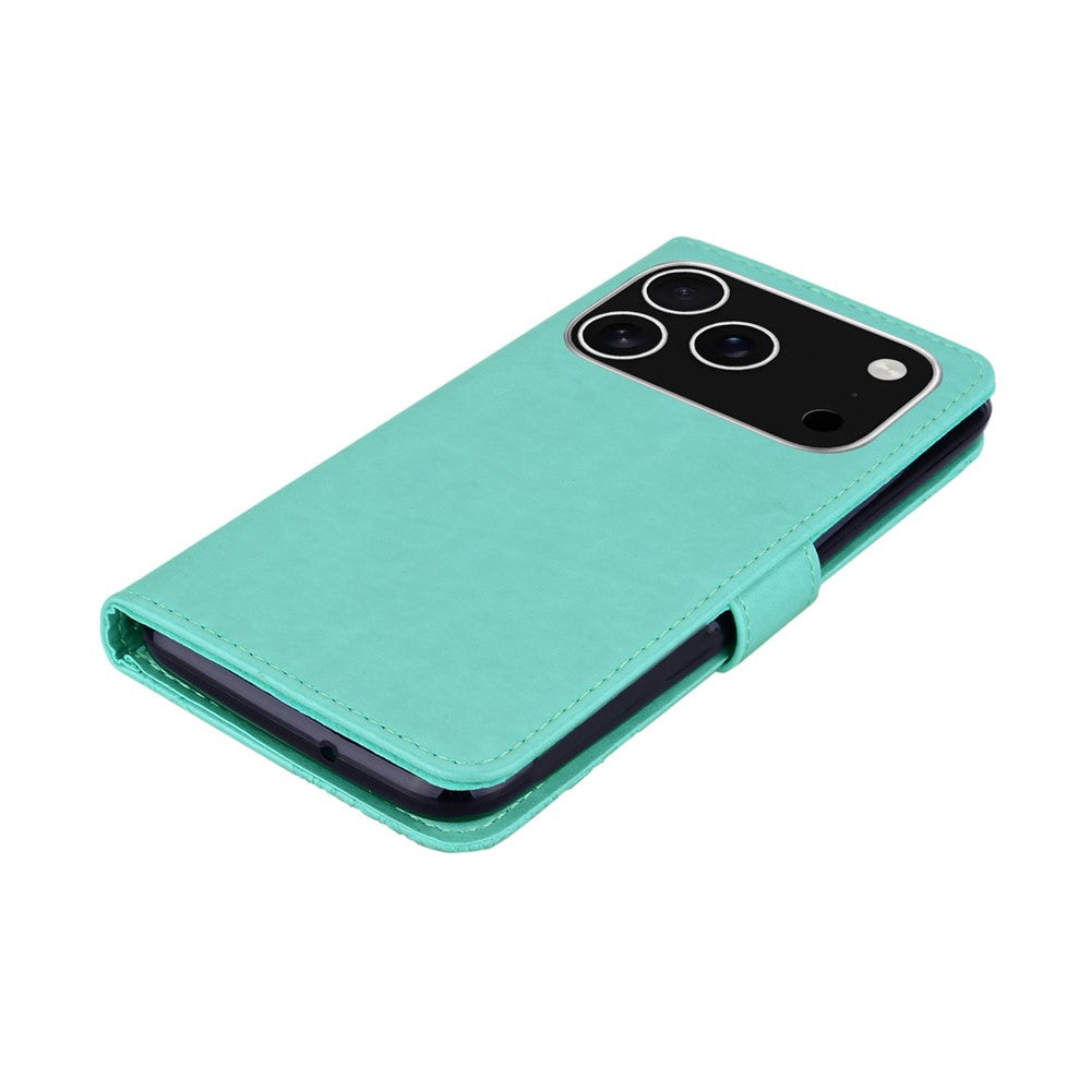 For iPhone 17 Pro Max Wallet Case Owl Flower Imprinted Rhinestone Leather Cover - Cyan