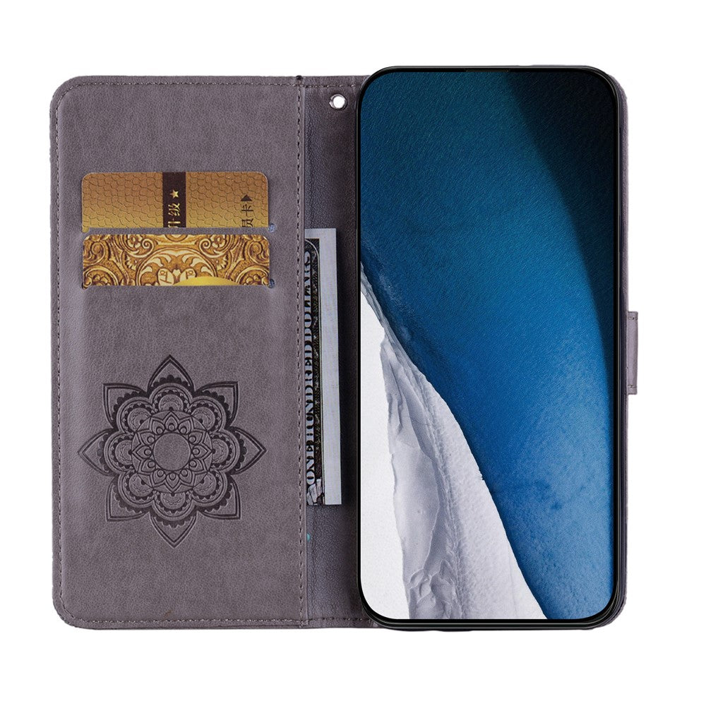 For iPhone 17 Pro Max Wallet Case Owl Flower Imprinted Rhinestone Leather Cover - Grey