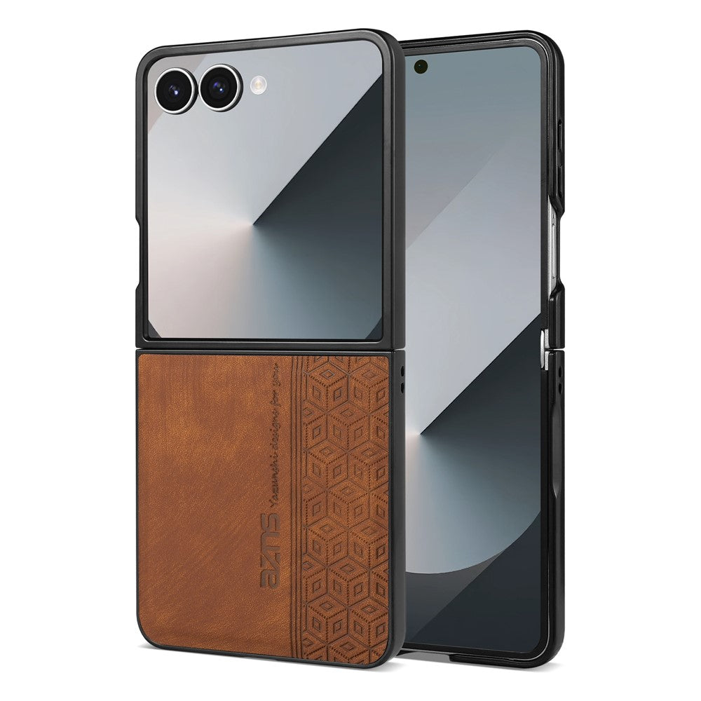 AZNS For Samsung Galaxy Z Flip7 5G Case Imprinted PU Leather Coated PC Phone Back Cover - Brown