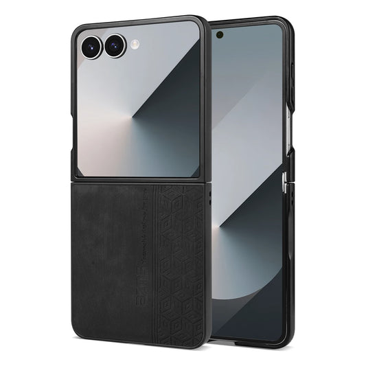 AZNS For Samsung Galaxy Z Flip7 5G Case Imprinted PU Leather Coated PC Phone Back Cover - Black