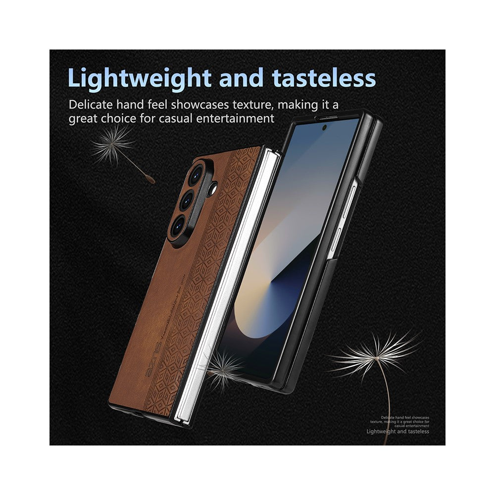 AZNS For Samsung Galaxy Z Fold7 5G Case Imprinted PU Leather Coated PC Phone Back Cover - Brown
