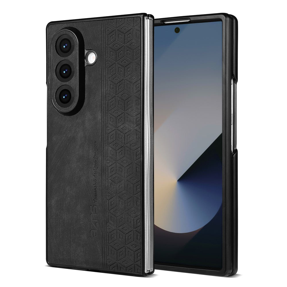AZNS For Samsung Galaxy Z Fold7 5G Case Imprinted PU Leather Coated PC Phone Back Cover - Black