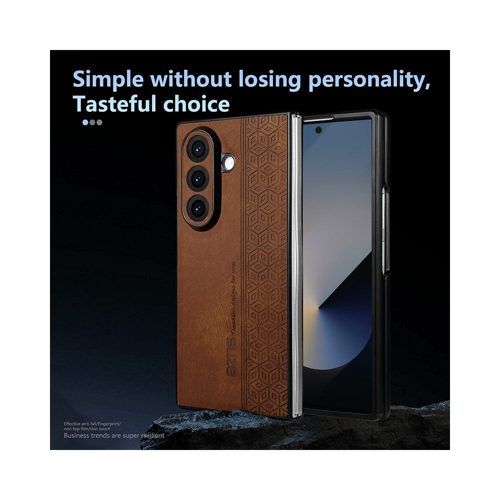AZNS For Samsung Galaxy Z Fold7 5G Case Imprinted PU Leather Coated PC Phone Back Cover - Black