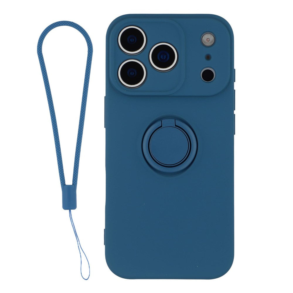 For iPhone 17 Pro Max Silicone Case with Strap Ring Kickstand Phone Cover - Midnight Blue