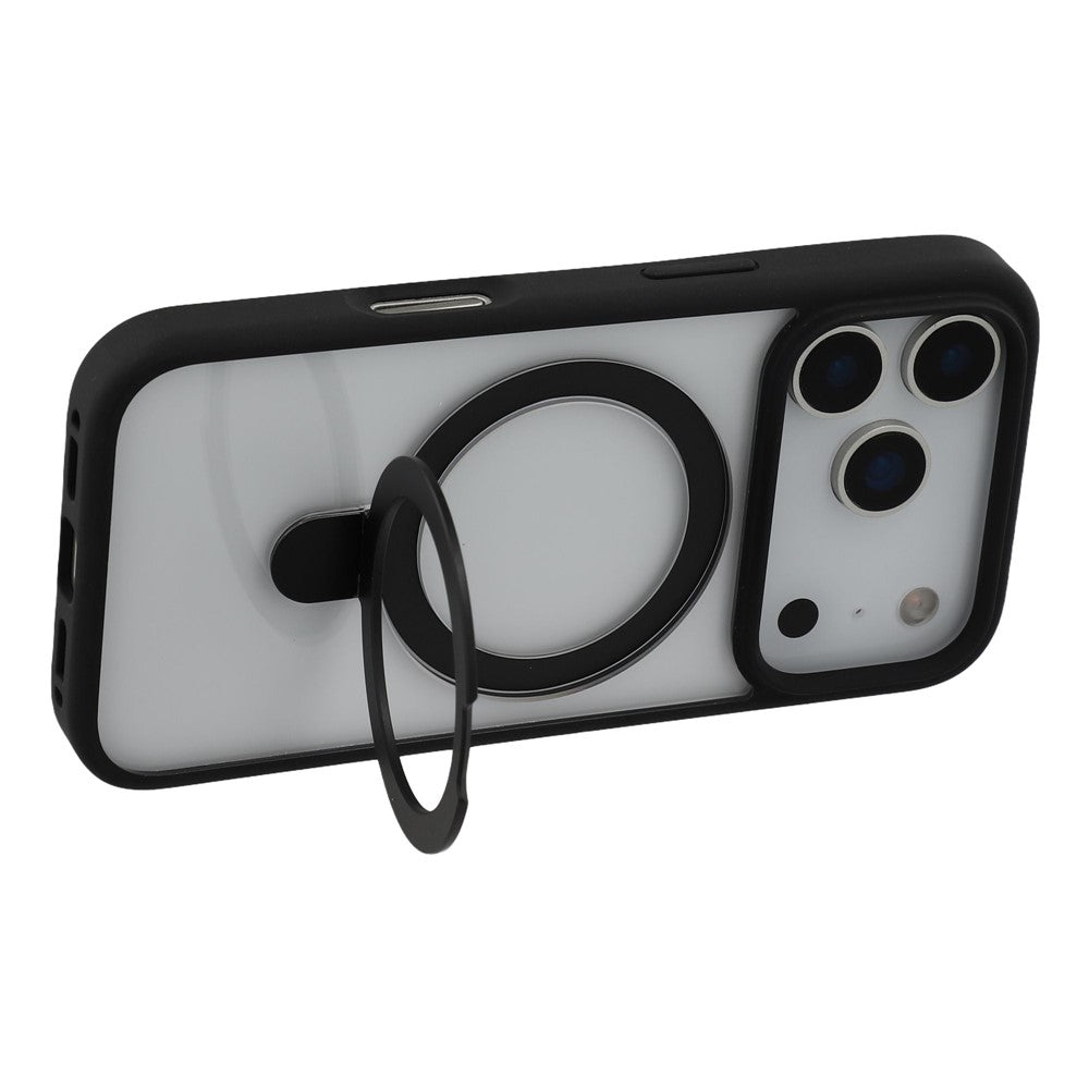 For iPhone 17 Pro Max Case Ring Holder Kickstand PC + TPU Clear Back Phone Cover - Black