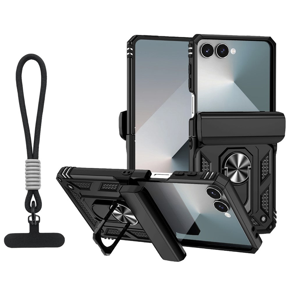 For Samsung Galaxy Z Flip7 5G Case with Wrist Strap / Kickstand Hinge Protection PC + TPU Phone Cover - Black