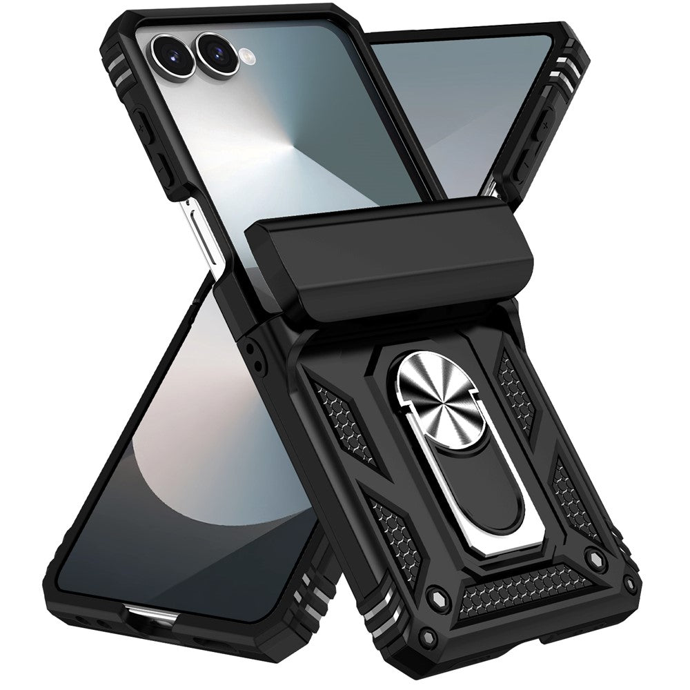 For Samsung Galaxy Z Flip7 5G Case with Wrist Strap / Kickstand Hinge Protection PC + TPU Phone Cover - Black