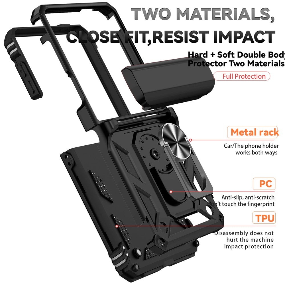 For Samsung Galaxy Z Flip7 5G Case with Wrist Strap / Kickstand Hinge Protection PC + TPU Phone Cover - Black