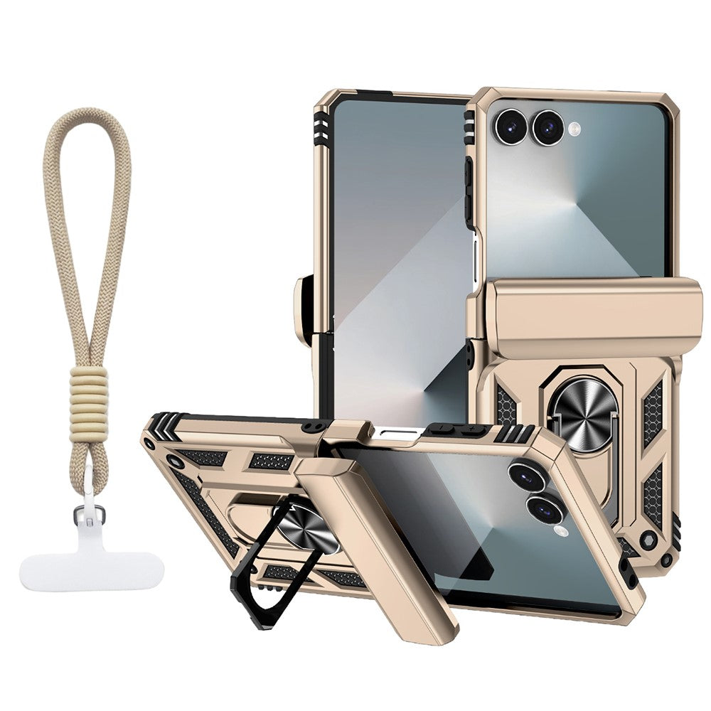 For Samsung Galaxy Z Flip7 5G Case with Wrist Strap / Kickstand Hinge Protection PC + TPU Phone Cover - Gold
