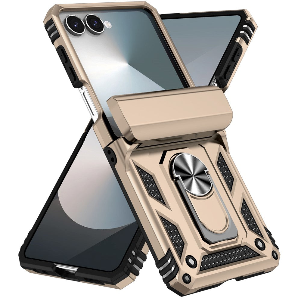 For Samsung Galaxy Z Flip7 5G Case with Wrist Strap / Kickstand Hinge Protection PC + TPU Phone Cover - Gold