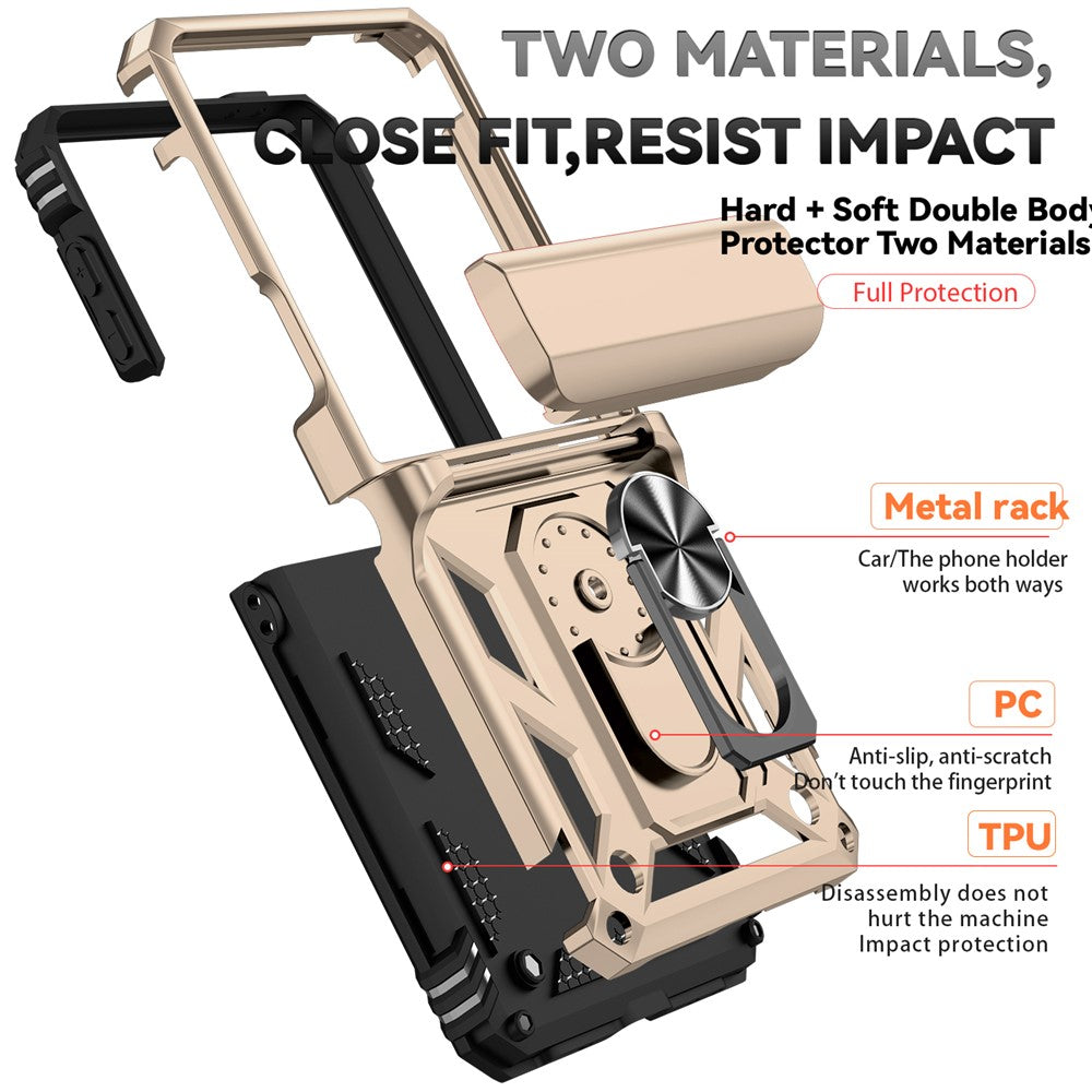 For Samsung Galaxy Z Flip7 5G Case with Wrist Strap / Kickstand Hinge Protection PC + TPU Phone Cover - Gold