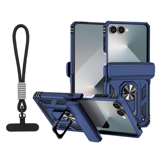 For Samsung Galaxy Z Flip7 5G Case with Wrist Strap / Kickstand Hinge Protection PC + TPU Phone Cover - Blue
