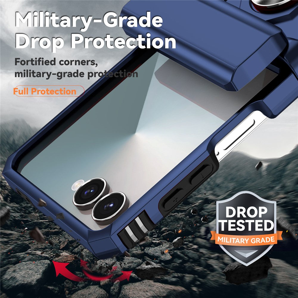 For Samsung Galaxy Z Flip7 5G Case with Wrist Strap / Kickstand Hinge Protection PC + TPU Phone Cover - Blue