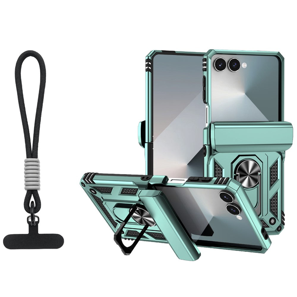 For Samsung Galaxy Z Flip7 5G Case with Wrist Strap / Kickstand Hinge Protection PC + TPU Phone Cover - Blackish Green
