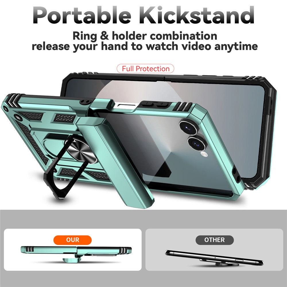 For Samsung Galaxy Z Flip7 5G Case with Wrist Strap / Kickstand Hinge Protection PC + TPU Phone Cover - Blackish Green
