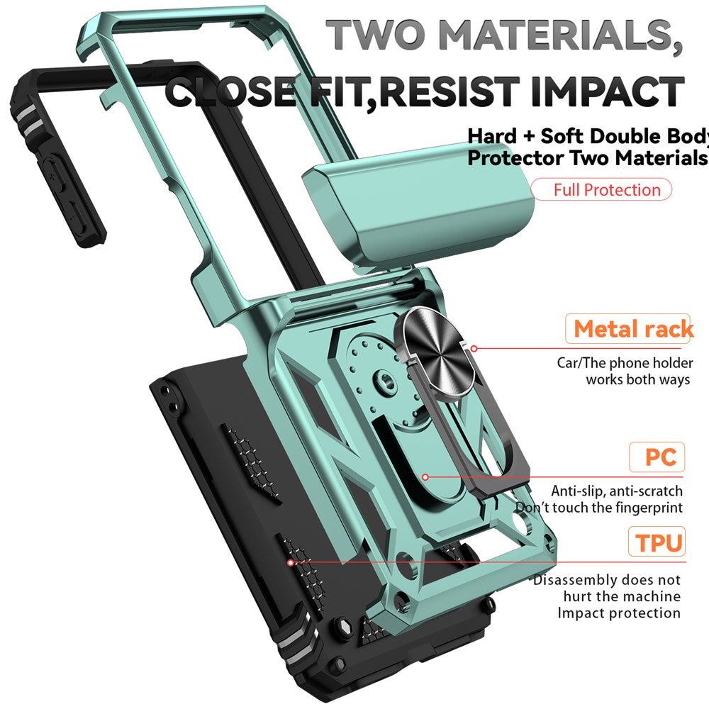 For Samsung Galaxy Z Flip7 5G Case with Wrist Strap / Kickstand Hinge Protection PC + TPU Phone Cover - Blackish Green