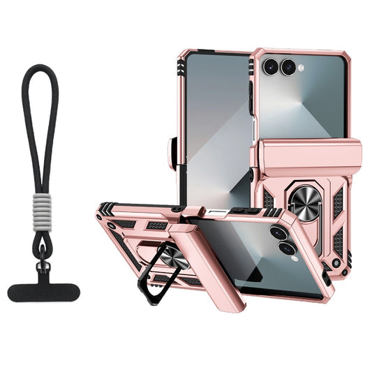 For Samsung Galaxy Z Flip7 5G Case with Wrist Strap / Kickstand Hinge Protection PC + TPU Phone Cover - Rose Gold