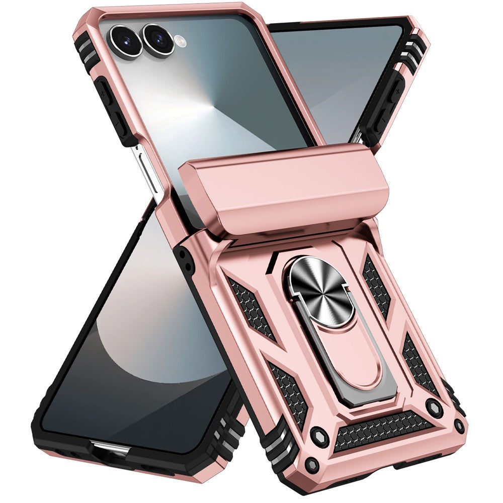 For Samsung Galaxy Z Flip7 5G Case with Wrist Strap / Kickstand Hinge Protection PC + TPU Phone Cover - Rose Gold
