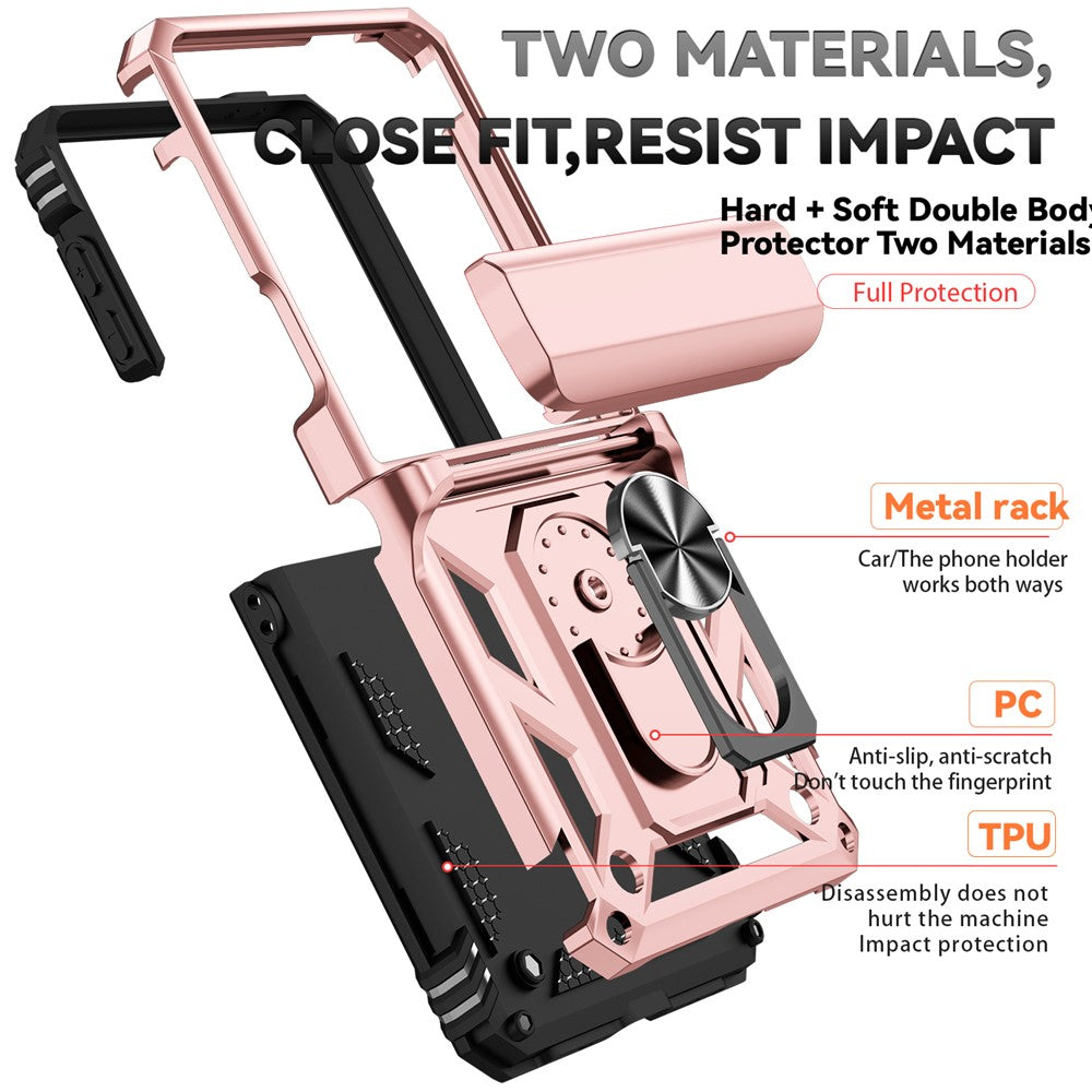 For Samsung Galaxy Z Flip7 5G Case with Wrist Strap / Kickstand Hinge Protection PC + TPU Phone Cover - Rose Gold