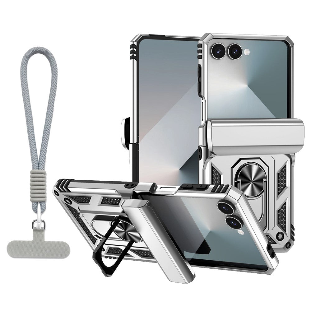 For Samsung Galaxy Z Flip7 5G Case with Wrist Strap / Kickstand Hinge Protection PC + TPU Phone Cover - Silver