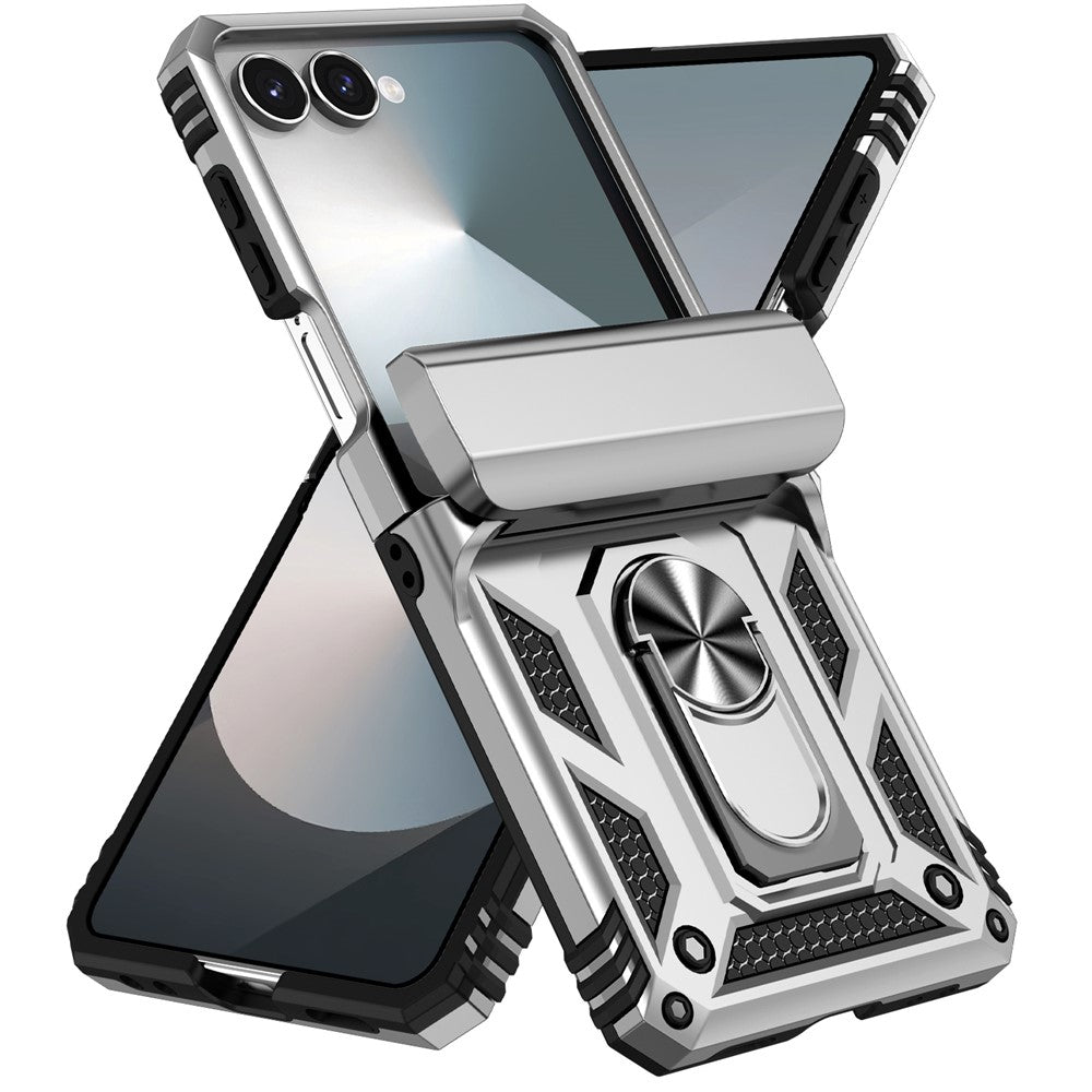For Samsung Galaxy Z Flip7 5G Case with Wrist Strap / Kickstand Hinge Protection PC + TPU Phone Cover - Silver