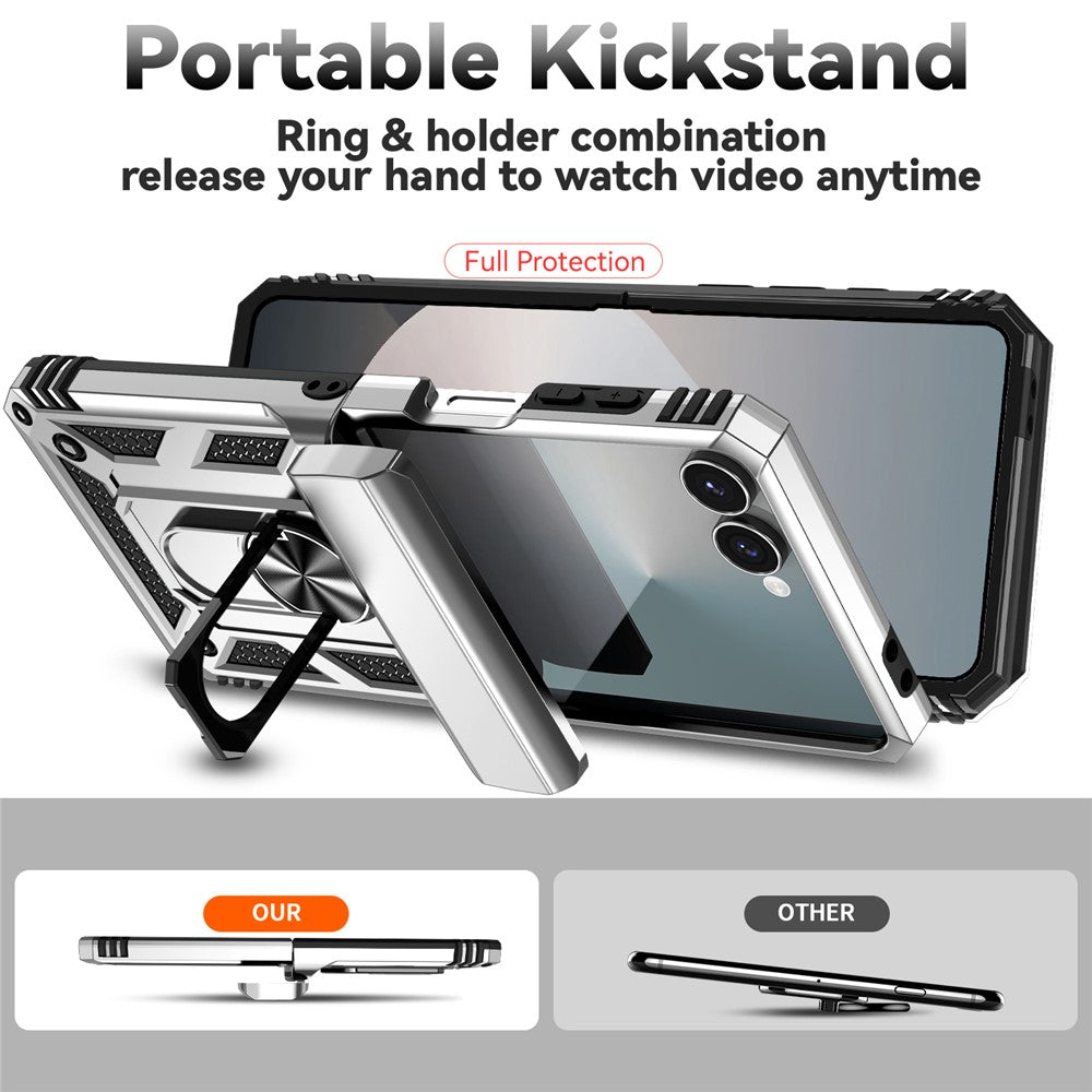 For Samsung Galaxy Z Flip7 5G Case with Wrist Strap / Kickstand Hinge Protection PC + TPU Phone Cover - Silver