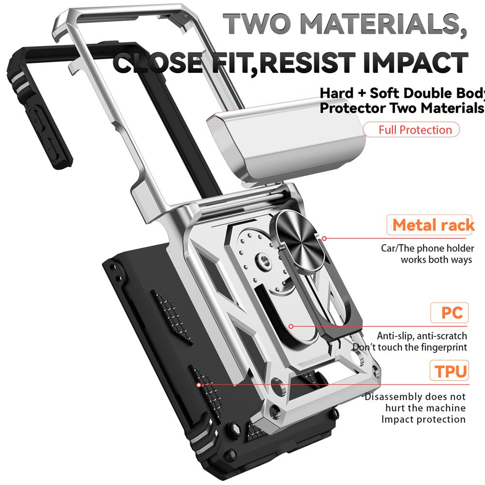 For Samsung Galaxy Z Flip7 5G Case with Wrist Strap / Kickstand Hinge Protection PC + TPU Phone Cover - Silver