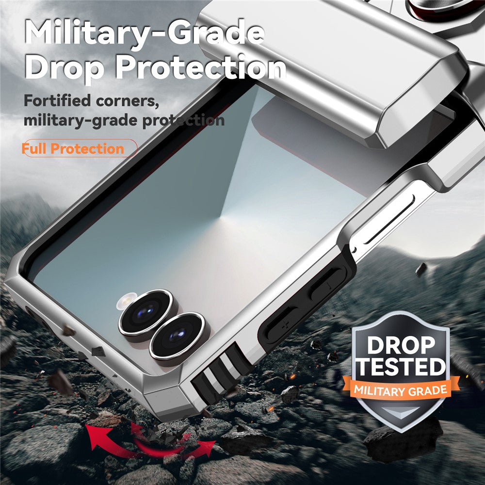 For Samsung Galaxy Z Flip7 5G Case with Wrist Strap / Kickstand Hinge Protection PC + TPU Phone Cover - Silver