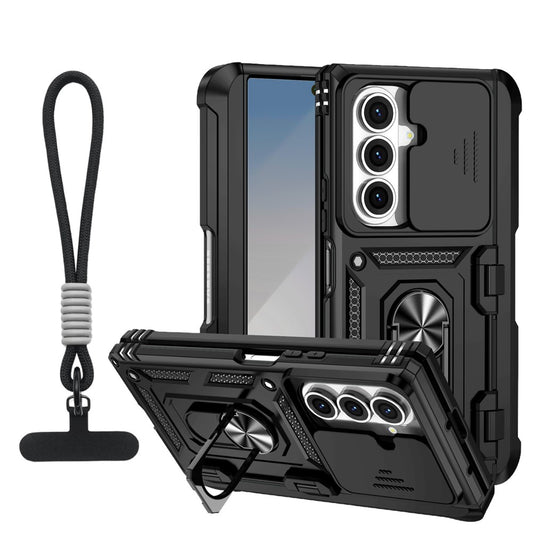 For Samsung Galaxy Z Fold7 5G Case with Wrist Strap / Kickstand Hinge Protection PC + TPU Phone Cover - Black