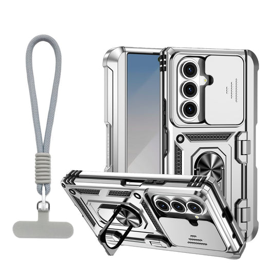 For Samsung Galaxy Z Fold7 5G Case with Wrist Strap / Kickstand Hinge Protection PC + TPU Phone Cover - Silver