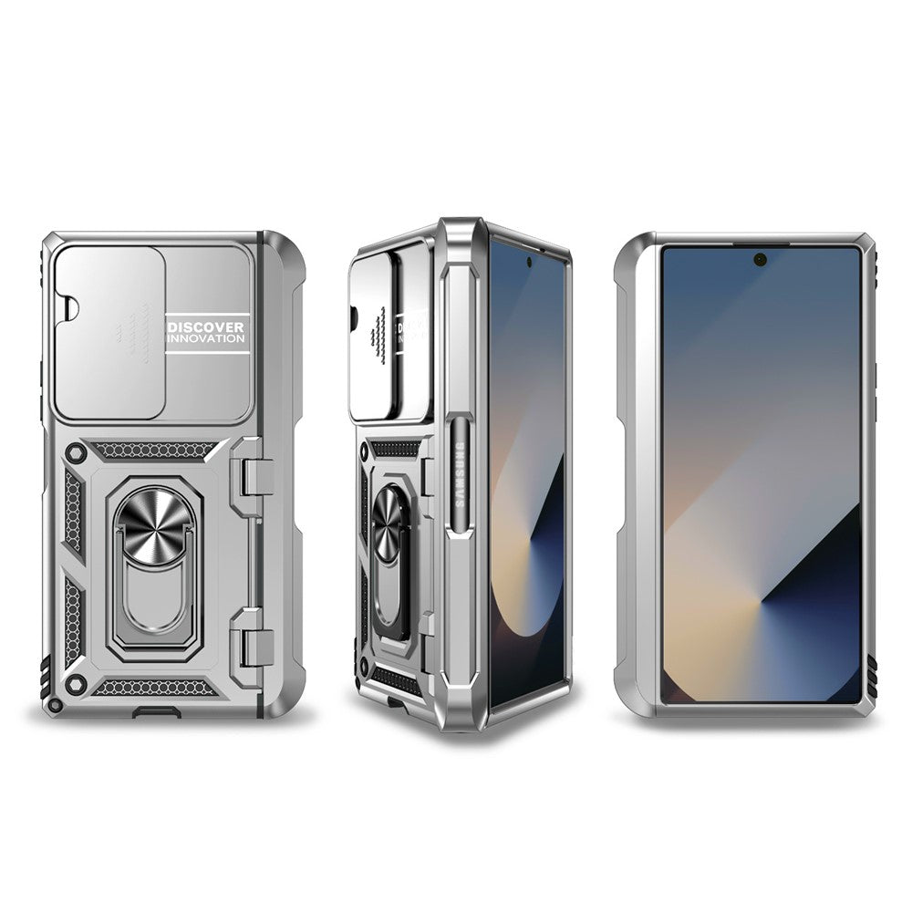 For Samsung Galaxy Z Fold7 5G Case with Wrist Strap / Kickstand Hinge Protection PC + TPU Phone Cover - Silver