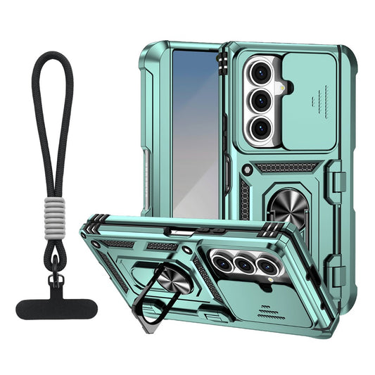 For Samsung Galaxy Z Fold7 5G Case with Wrist Strap / Kickstand Hinge Protection PC + TPU Phone Cover - Blackish Green