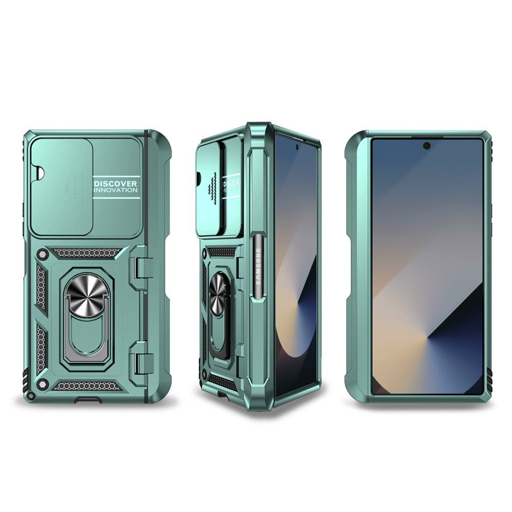 For Samsung Galaxy Z Fold7 5G Case with Wrist Strap / Kickstand Hinge Protection PC + TPU Phone Cover - Blackish Green