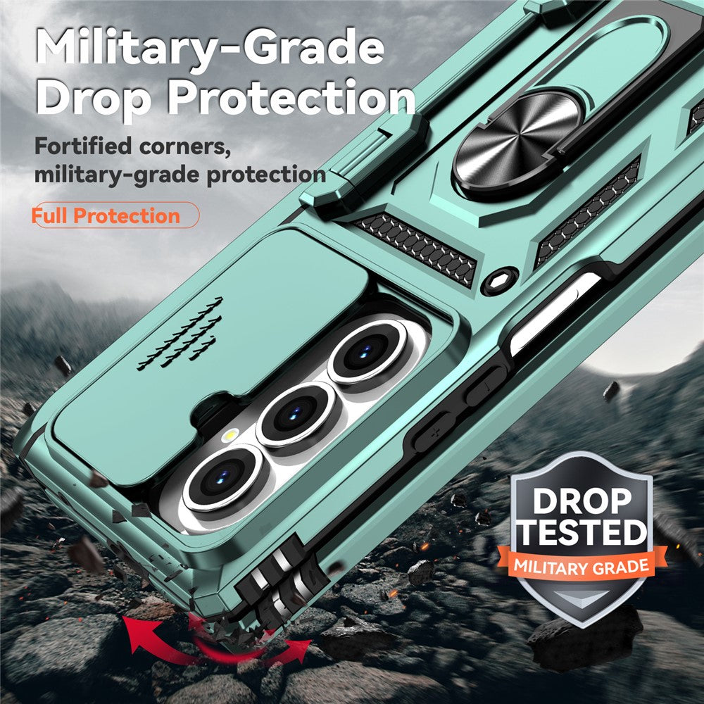 For Samsung Galaxy Z Fold7 5G Case with Wrist Strap / Kickstand Hinge Protection PC + TPU Phone Cover - Blackish Green