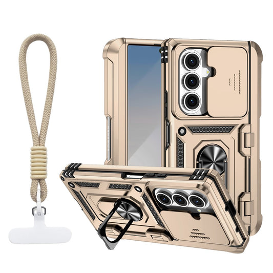 For Samsung Galaxy Z Fold7 5G Case with Wrist Strap / Kickstand Hinge Protection PC + TPU Phone Cover - Gold