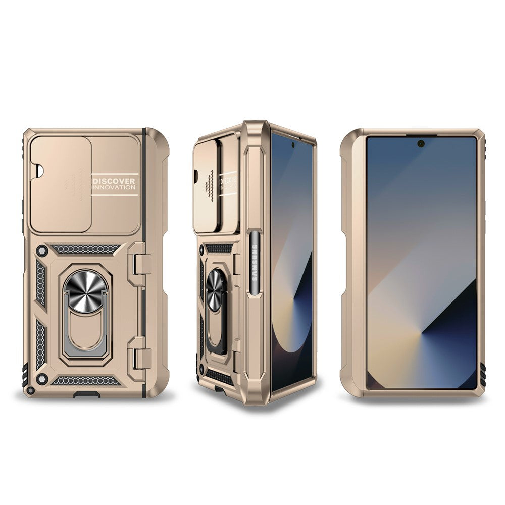 For Samsung Galaxy Z Fold7 5G Case with Wrist Strap / Kickstand Hinge Protection PC + TPU Phone Cover - Gold