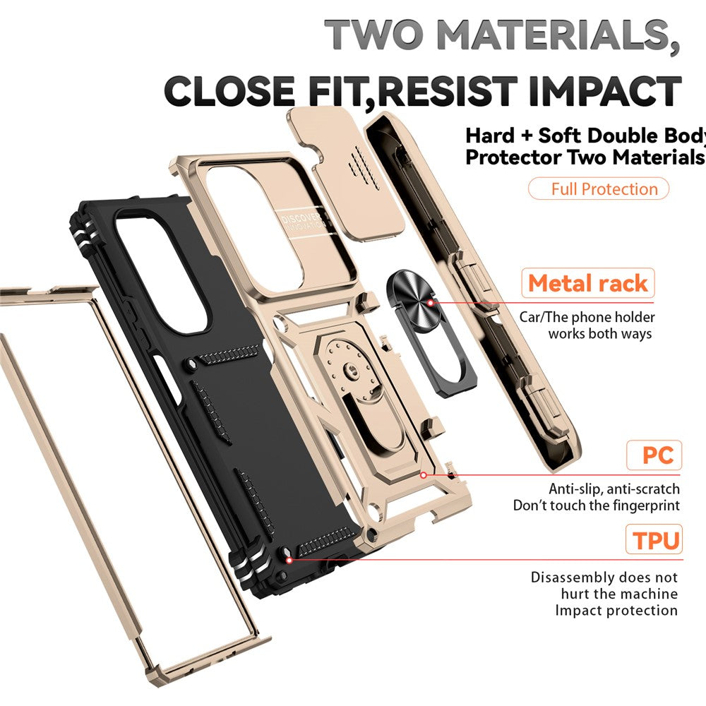 For Samsung Galaxy Z Fold7 5G Case with Wrist Strap / Kickstand Hinge Protection PC + TPU Phone Cover - Gold