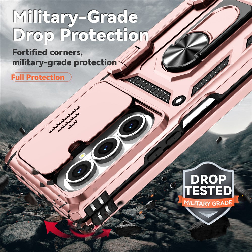 For Samsung Galaxy Z Fold7 5G Case with Wrist Strap / Kickstand Hinge Protection PC + TPU Phone Cover - Rose Gold