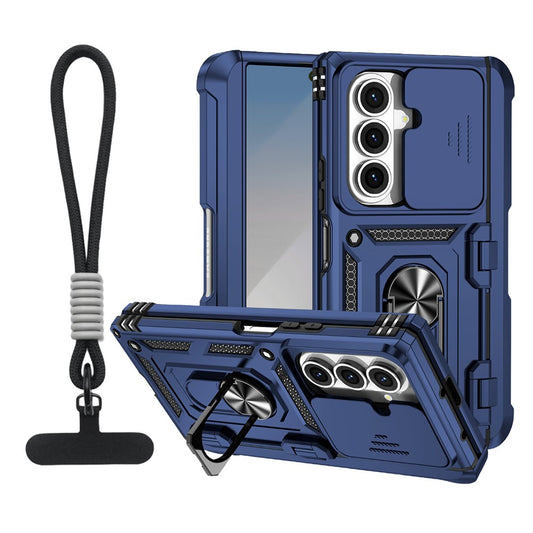For Samsung Galaxy Z Fold7 5G Case with Wrist Strap / Kickstand Hinge Protection PC + TPU Phone Cover - Blue