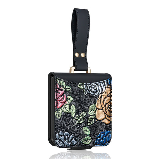 For Samsung Galaxy Z Flip7 5G Kickstand Case Flower Pattern Leather+PC Phone Cover with Back Film - Black