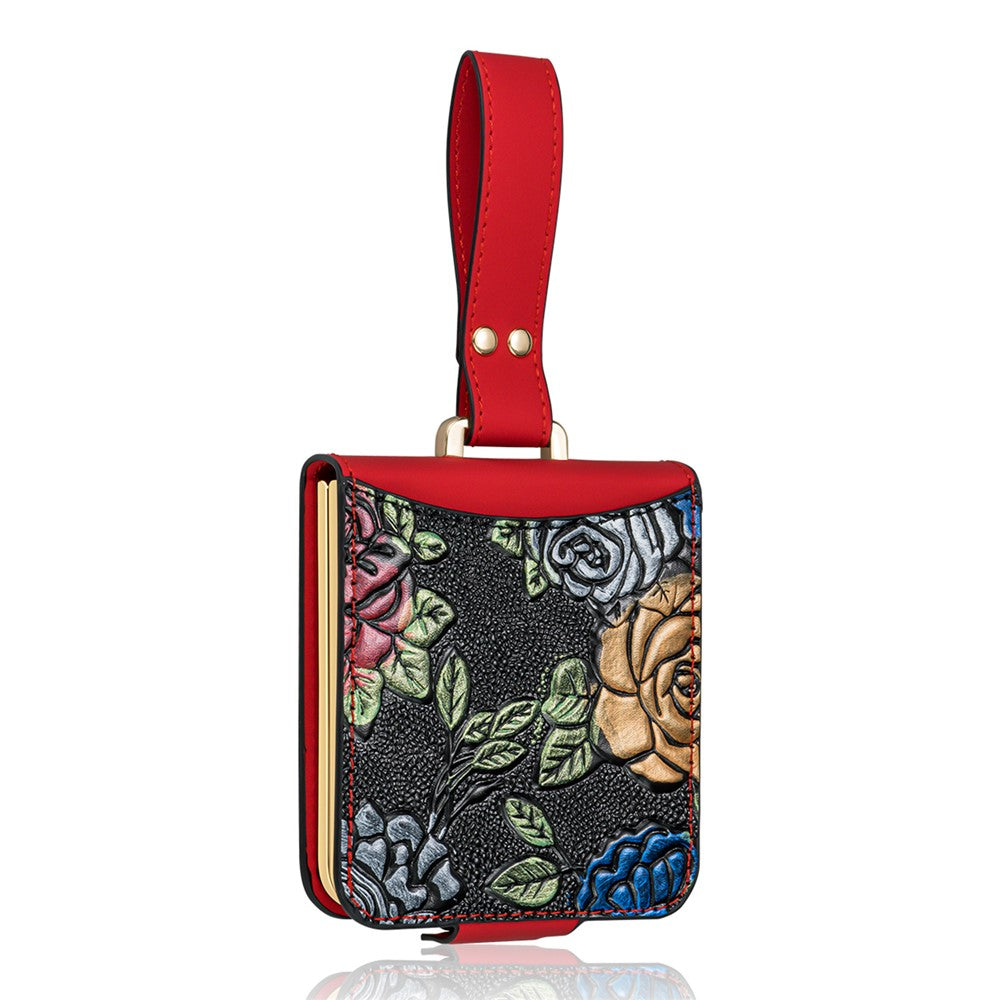 For Samsung Galaxy Z Flip7 5G Kickstand Case Flower Pattern Leather+PC Phone Cover with Back Film - Red