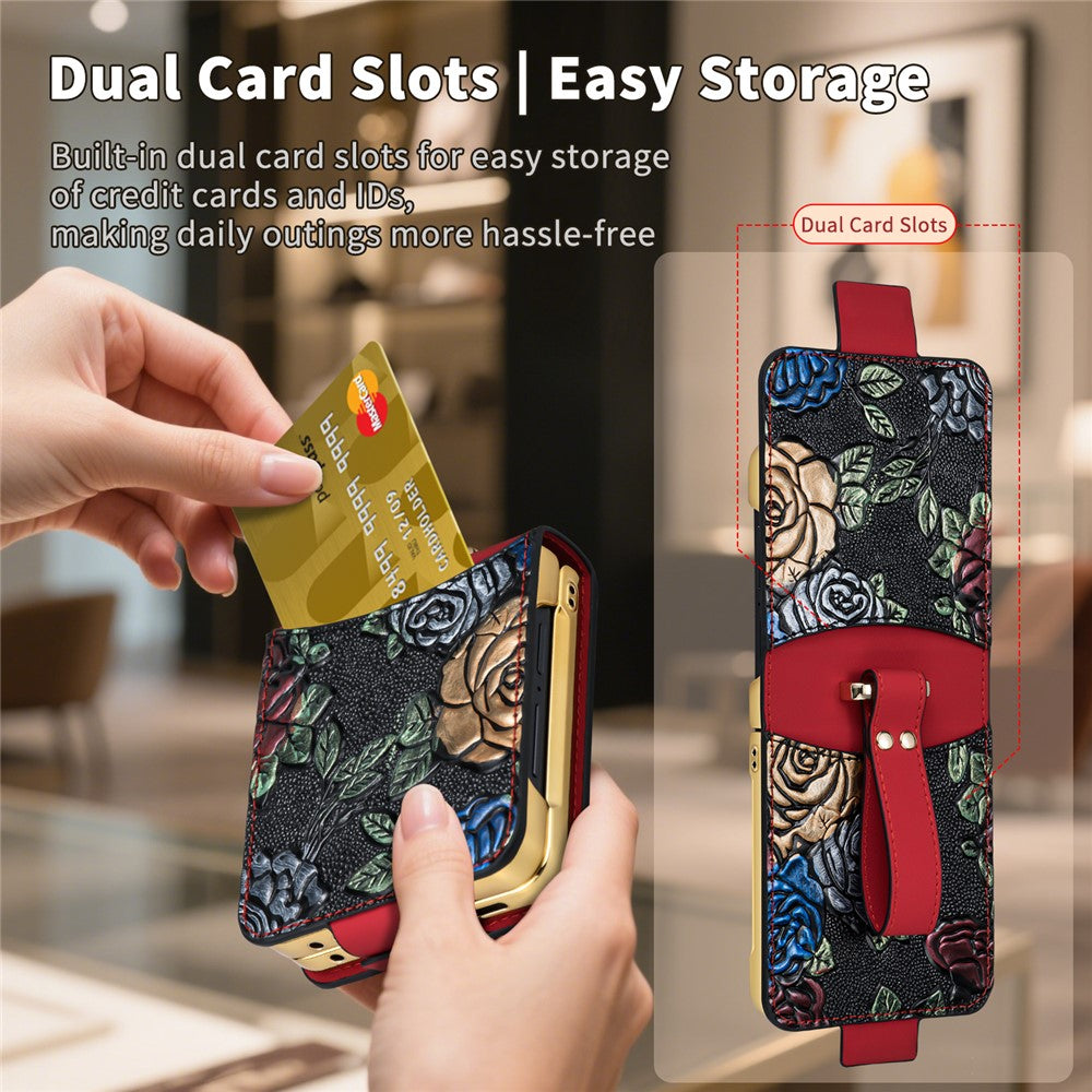 For Samsung Galaxy Z Flip7 5G Kickstand Case Flower Pattern Leather+PC Phone Cover with Back Film - Red